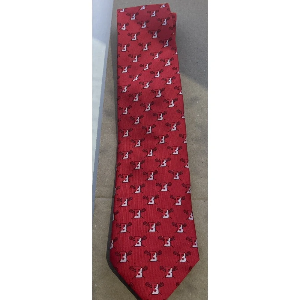 Boston Lacrosse Tie Red Silk Blend Crossed Sticks Logo Men's Necktie Custom LAX